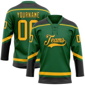 Custom Kelly Green Gold-Black Hockey Lace Neck Jersey