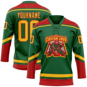 Custom Kelly Green Gold-Red Hockey Lace Neck Jersey