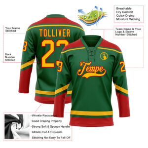 Custom Kelly Green Gold-Red Hockey Lace Neck Jersey