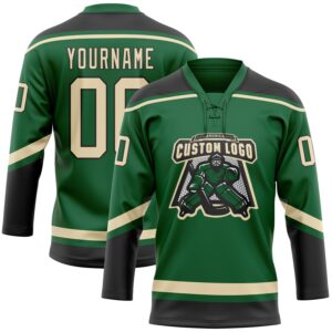 Custom Kelly Green City Cream-Black Hockey Lace Neck Jersey