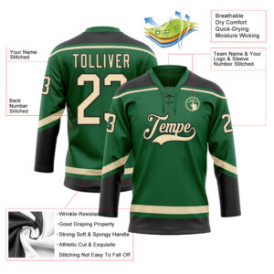 Custom Kelly Green City Cream-Black Hockey Lace Neck Jersey