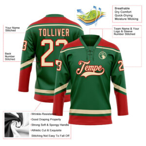 Custom Kelly Green City Cream-Red Hockey Lace Neck Jersey