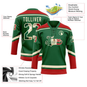 Custom Kelly Green Vintage Mexican Flag Cream-Red Hockey Lace Neck Jersey