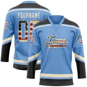 Custom Light Blue Vintage USA Flag Black-Cream Hockey Lace Neck Jersey