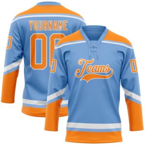 Custom Light Blue Bay Orange-White Hockey Lace Neck Jersey