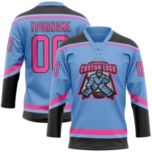 Custom Light Blue Pink-Black Hockey Lace Neck Jersey