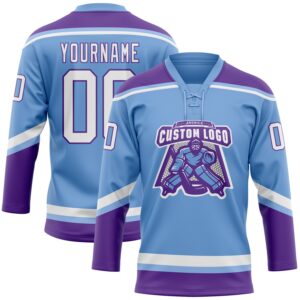 Custom Light Blue White-Purple Hockey Lace Neck Jersey