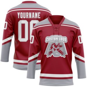 Custom Maroon White-Gray Hockey Lace Neck Jersey