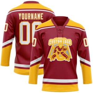 Custom Maroon White-Gold Hockey Lace Neck Jersey