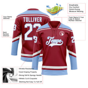 Custom Maroon White-Light Blue Hockey Lace Neck Jersey