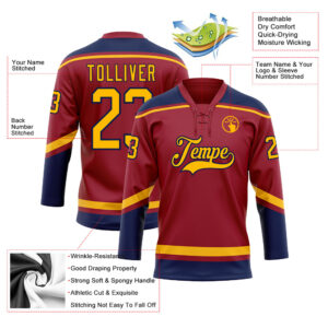 Custom Maroon Gold-Navy Hockey Lace Neck Jersey