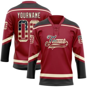 Custom Maroon Vintage USA Flag Cream-Black Hockey Lace Neck Jersey