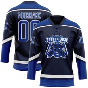 Custom Navy Royal-White Hockey Lace Neck Jersey