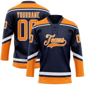 Custom Navy Bay Orange-White Hockey Lace Neck Jersey