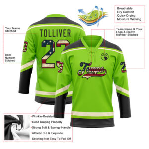 Custom Neon Green Vintage USA Flag Black-Cream Hockey Lace Neck Jersey