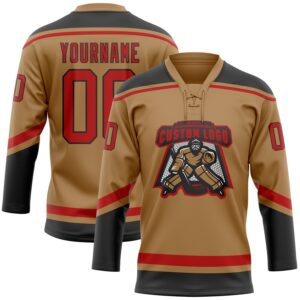 Custom Old Gold Red-Black Hockey Lace Neck Jersey