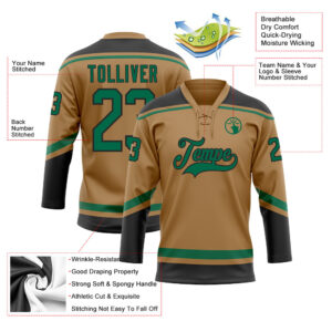 Custom Old Gold Kelly Green-Black Hockey Lace Neck Jersey