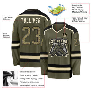 Custom Olive Camo Black-Cream Salute To Service Hockey Jersey