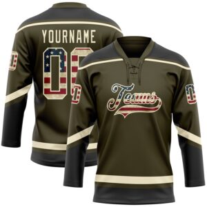 Custom Olive Vintage USA Flag Cream-Black Salute To Service Hockey Lace Neck Jersey