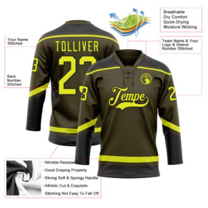 Custom Olive Neon Yellow-Black Salute To Service Hockey Lace Neck Jersey