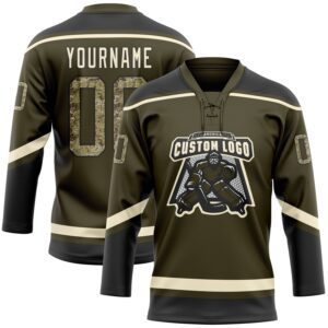 Custom Olive Camo Black-Cream Salute To Service Hockey Lace Neck Jersey