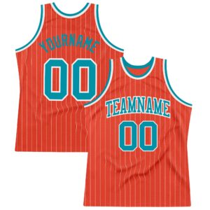 Custom Orange White Pinstripe Teal Authentic Basketball Jersey