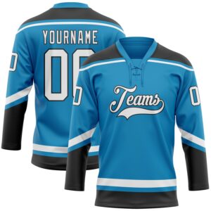 Custom Panther Blue White-Black Hockey Lace Neck Jersey