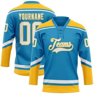 Custom Panther Blue White-Gold Hockey Lace Neck Jersey