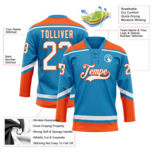 Custom Panther Blue White-Orange Hockey Lace Neck Jersey