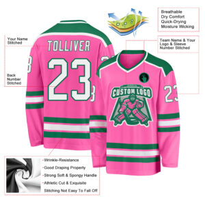 Custom Pink White-Kelly Green Hockey Jersey