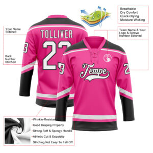 Custom Pink White-Black Hockey Lace Neck Jersey