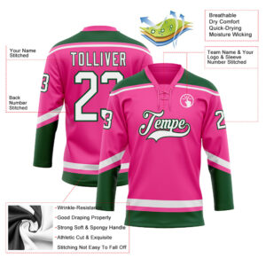 Custom Pink White-Green Hockey Lace Neck Jersey