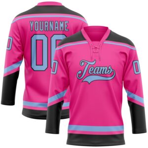 Custom Pink Light Blue-Black Hockey Lace Neck Jersey