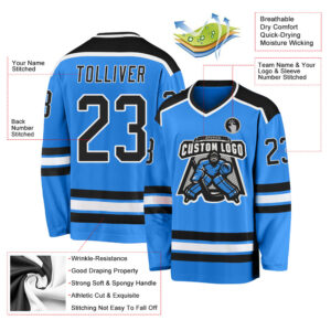 Custom Powder Blue Black-White Hockey Jersey