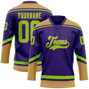 Custom Purple Neon Green-Old Gold Hockey Lace Neck Jersey