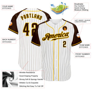 Custom White Brown Pinstripe Brown-Gold Authentic Raglan Sleeves Baseball Jersey