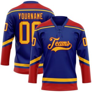 Custom Royal Gold-Red Hockey Lace Neck Jersey