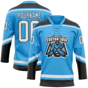 Custom Sky Blue White-Black Hockey Lace Neck Jersey