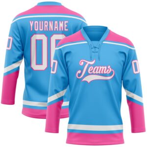 Custom Sky Blue White-Pink Hockey Lace Neck Jersey