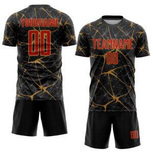 Custom Black Red-Old Gold Sublimation Soccer Uniform Jersey