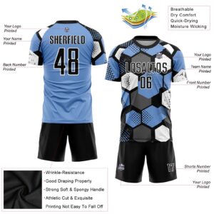 Custom Light Blue Black-White Sublimation Soccer Uniform Jersey