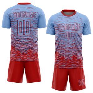 Custom Light Blue Red Sublimation Soccer Uniform Jersey