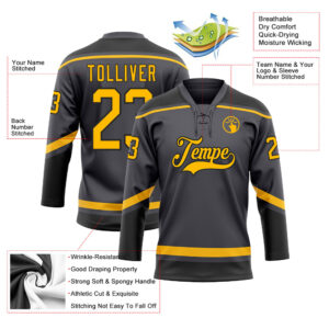 Custom Steel Gray Gold-Black Hockey Lace Neck Jersey