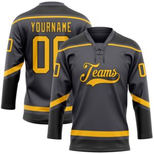 Custom Steel Gray Gold-Black Hockey Lace Neck Jersey