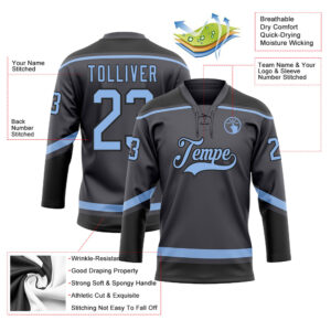 Custom Steel Gray Light Blue-Black Hockey Lace Neck Jersey