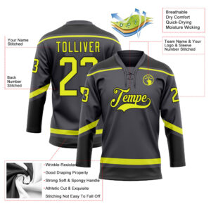 Custom Steel Gray Neon Yellow-Black Hockey Lace Neck Jersey