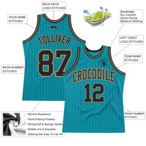 Custom Teal Black Pinstripe Black-Old Gold Authentic Basketball Jersey