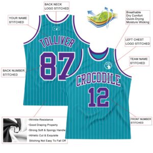 Custom Teal White Pinstripe Purple Authentic Basketball Jersey