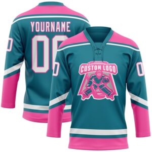 Custom Teal White-Pink Hockey Lace Neck Jersey