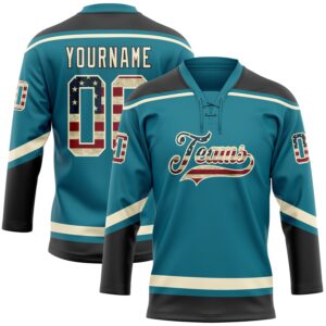 Custom Teal Vintage USA Flag Cream-Black Hockey Lace Neck Jersey